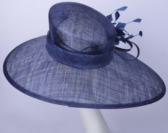 Navy Blue Sinamay Wide Brim Hat With Feather Flowers  display picture 3
