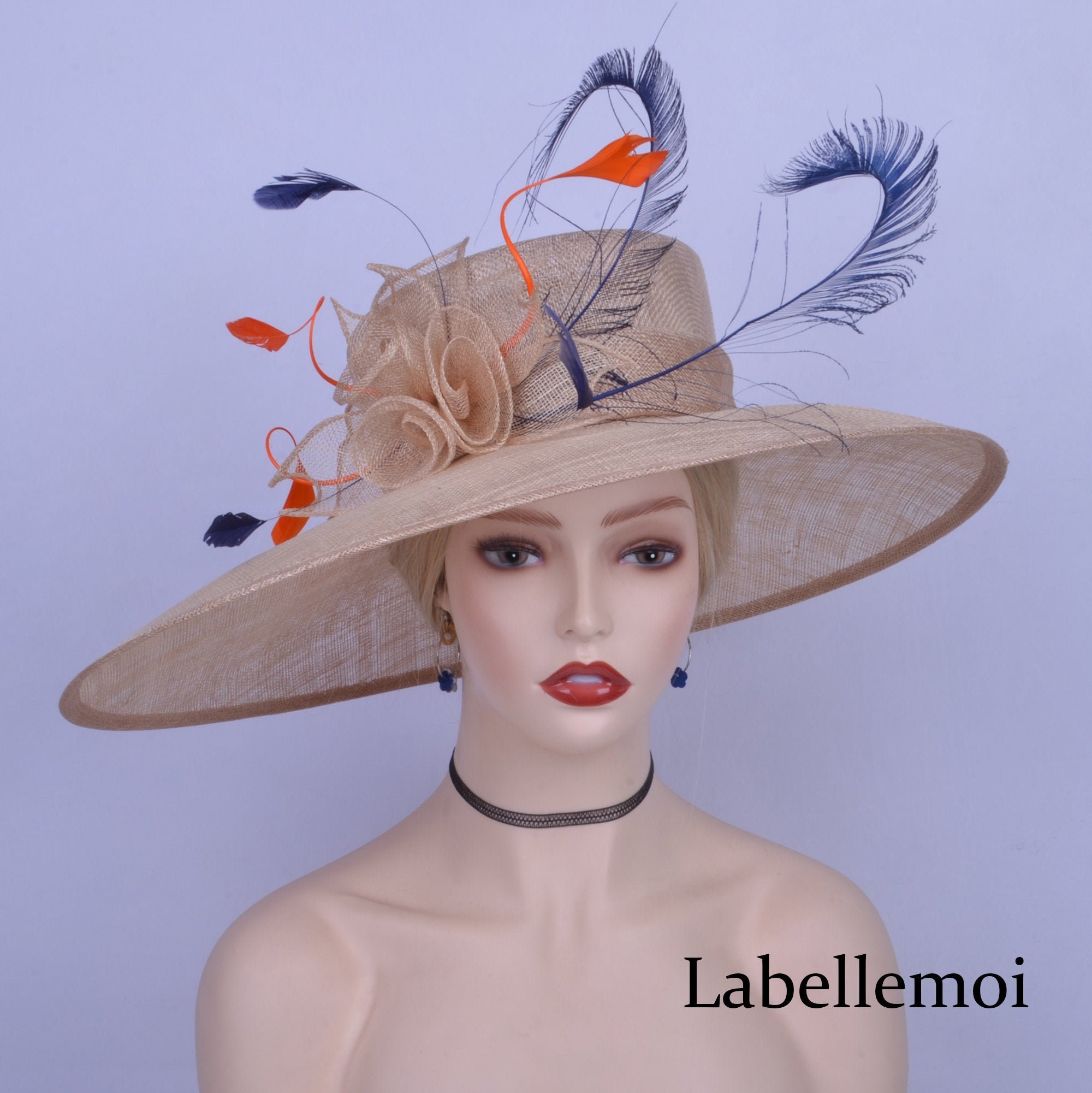 NEW Large Sinamay Hat Nude/navy/orange 