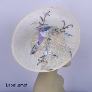 Chinoiserie ivory/blue/purple saucer sinamay hatinator Kentucky Derby hat royal Ascot lace hat wedding fascinator w/flower&bird embroidery