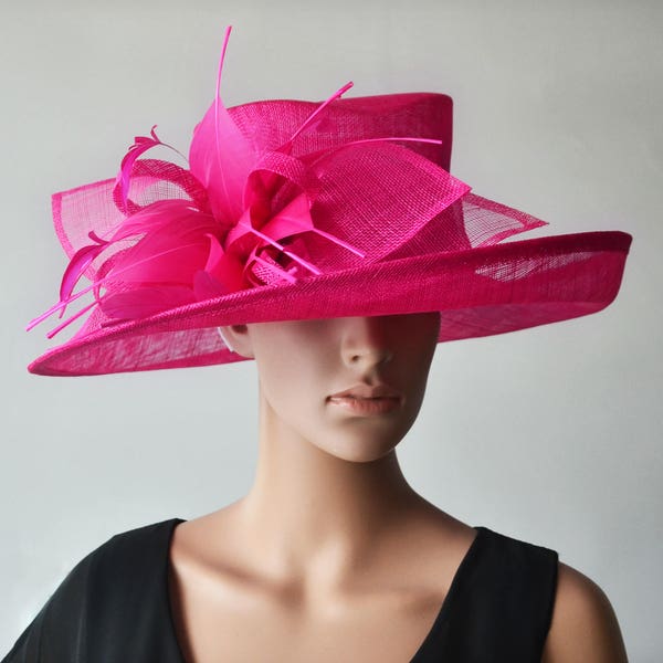Fuchsia Hot pink sinamay hat large dress church hat fascinator with feather flower,for Kentucky derby,wedding party races