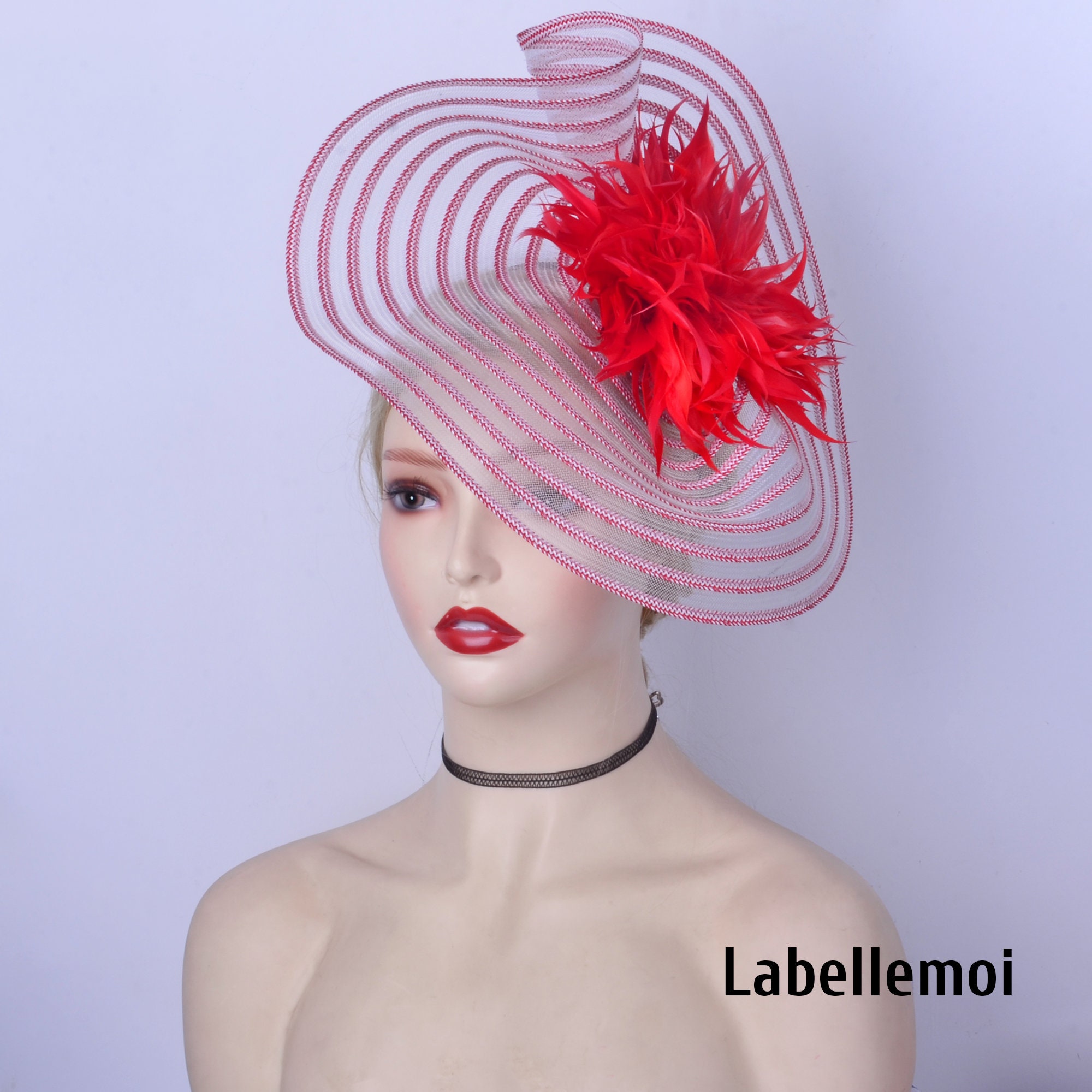 ❤️?? Decorative Queen of Hearts Feather Fascinator Hat with Red/White Accents Queen of Hearts Mini Top Hat, Alice in Wonderland Fascinator  main image 2