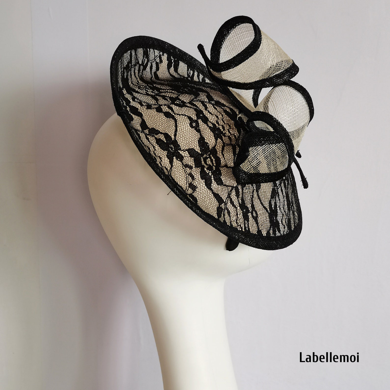 New Black/cream Lace Fascinator Sinamay Saucer Disc Hatinator Etsy
