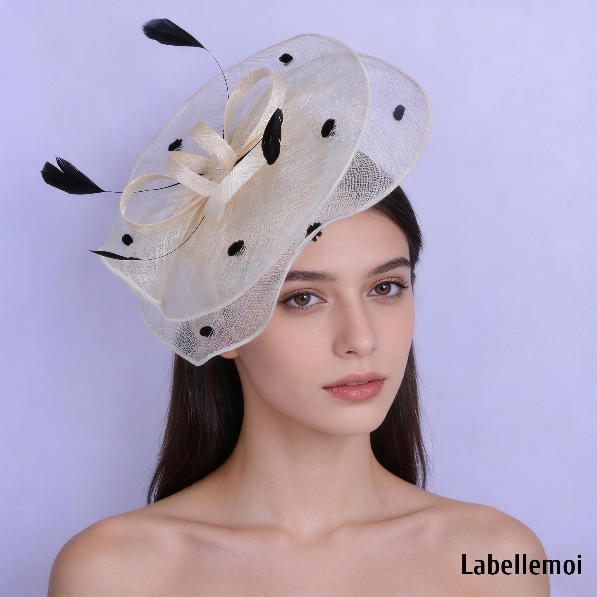Black Feather Polka Dot Fascinator Hat w/ Faux Pearl Bow Horse Race Whimsygoth Black Feather Polka Dot Fascinator Hat for Tea Party Wedding  main image 4