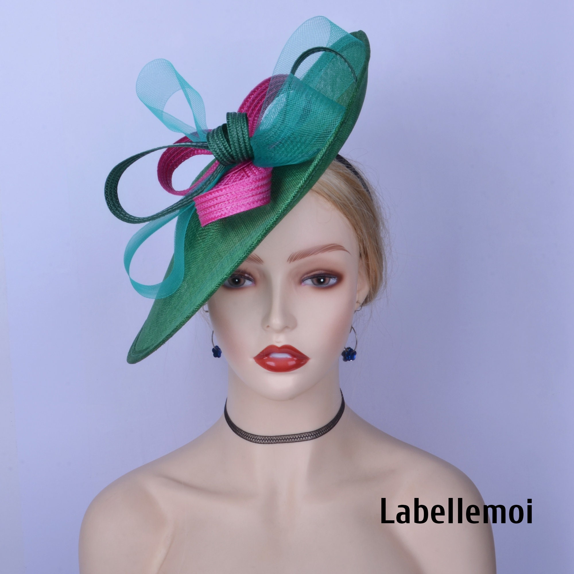 Emerald Green Sinamay Fascinator, Fuchsia Ribbon Hatinator  display picture 2