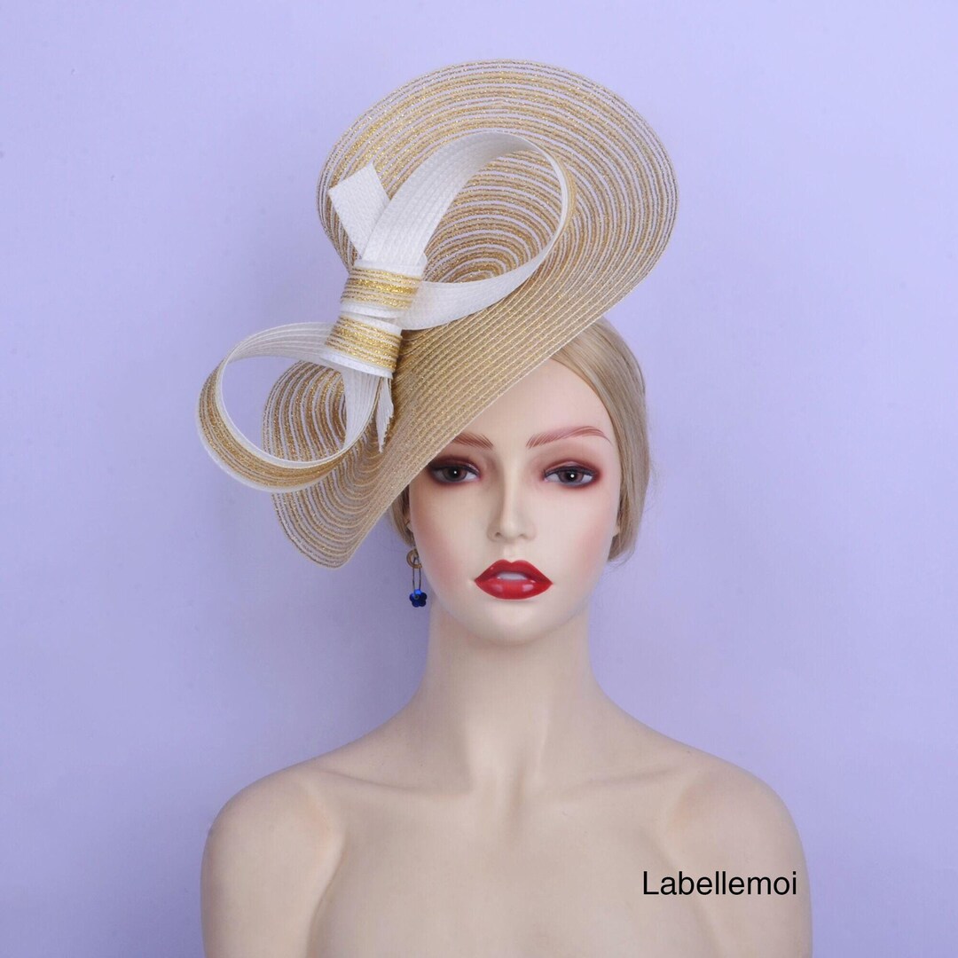 New Metallic Gold Fascinator Hat Two Tone Ivory Large Saucer  display picture 1