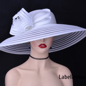 Extra Large Pure White wedding hat Church hat Wide brim Kentucky Derby hat fascinator Fedora Easter Mother of the bride w/feathers