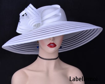 Extra Large Pure White wedding hat Church hat Wide brim Kentucky Derby hat fascinator Fedora Easter Mother of the bride w/feathers