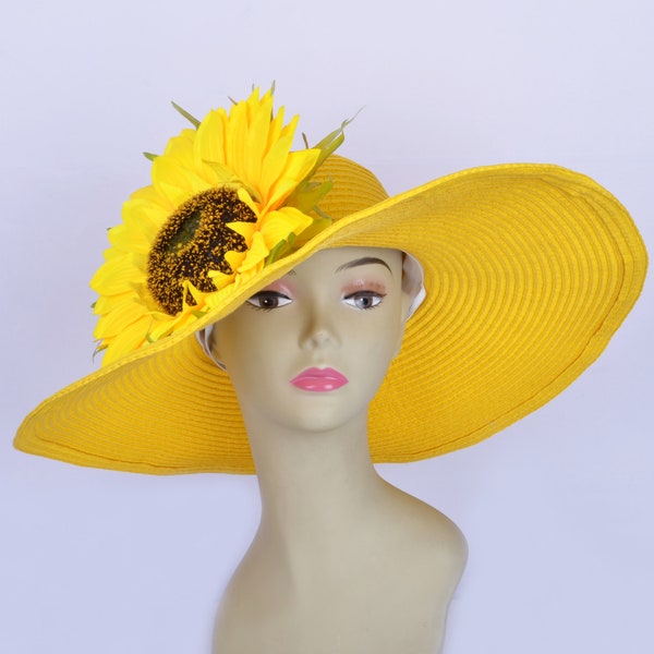 Exclusive design Yellow Ladies Large Church Ascot Derby Easter hat wedding hat summer hat straw beach hat w/ large sunflower