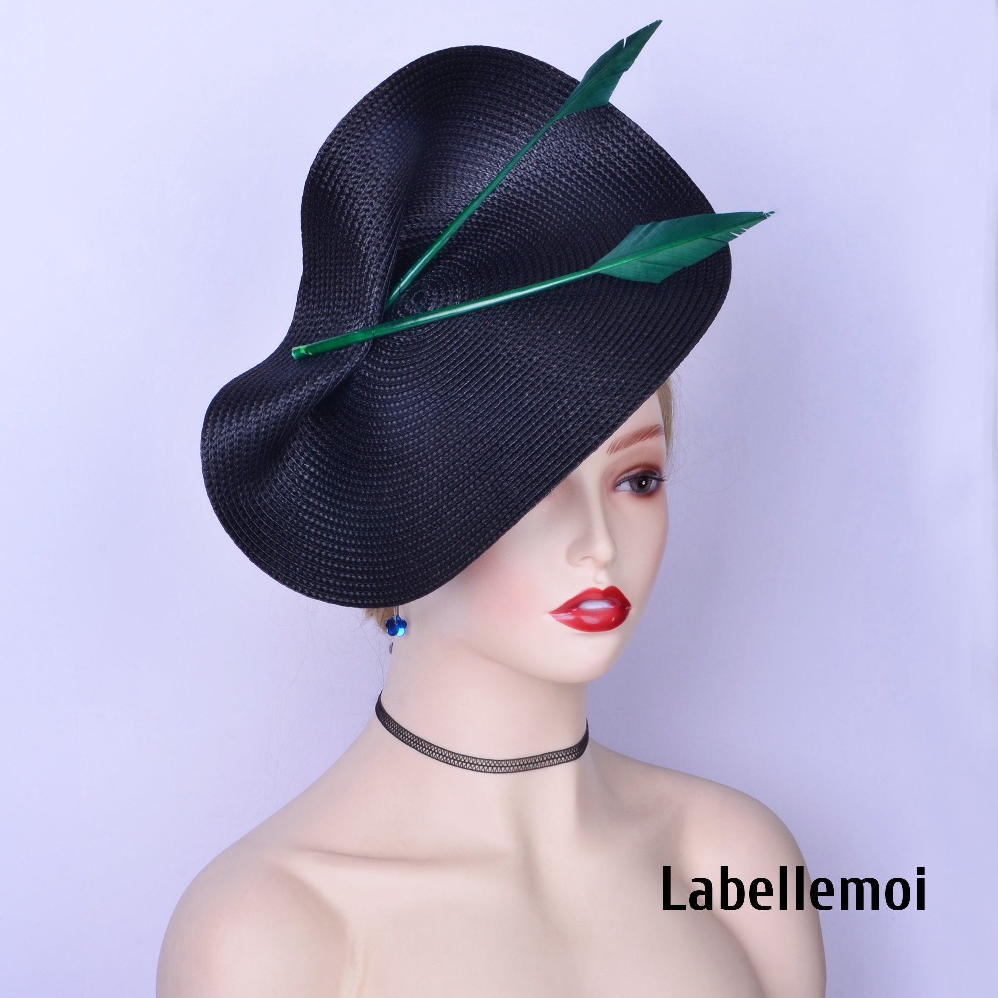Black Saucer Fascinator Hat With Emerald Green Feathers - Etsy