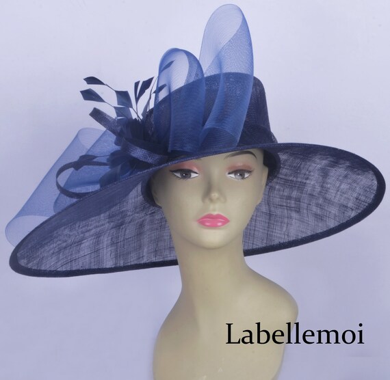 Exclusive design,navy blue sinamay disc fascinator hatinator Derby hat Ascot hat Royal Wedding hat Church hat fedora top hat w silk flower