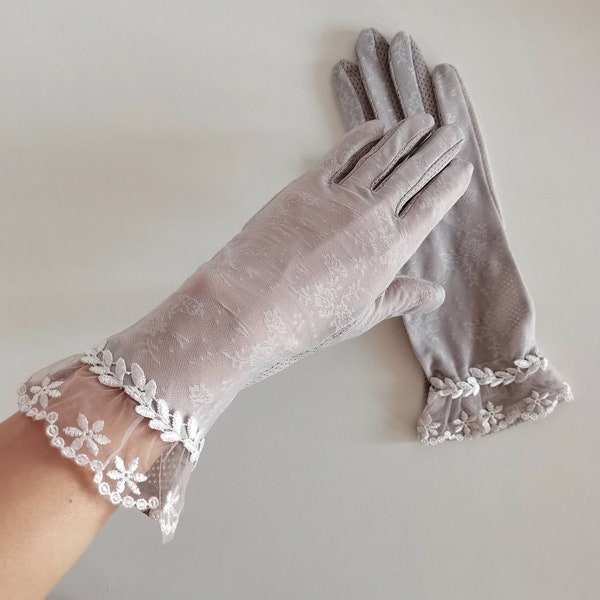 Nouveau anti-UV élégant gant en dentelle gris argenté pour femmes gants courts écran tactile chapeau fascinateur pour Derby mariage race église,Mère de la mariée