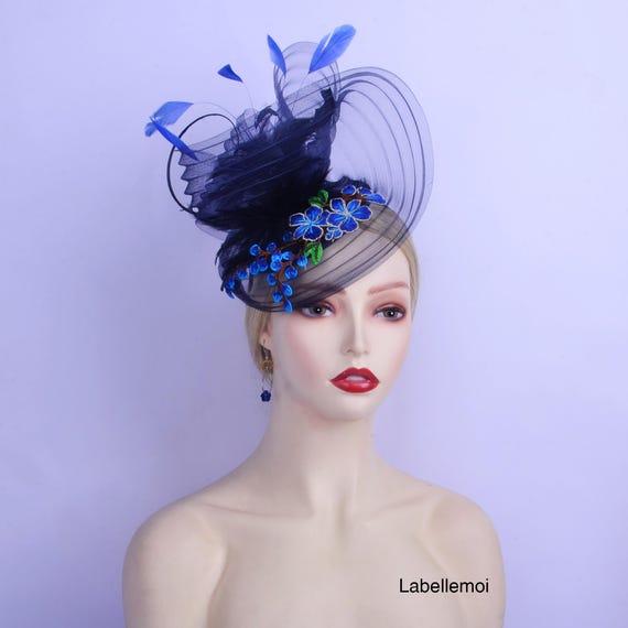 Handmade Navy Blue Sinamay Fascinator Hat With Floral Design & Bead Centerpiece Royal Blue Floral Fascinator: Derby Race, Bridal, Church Hat  main image 2