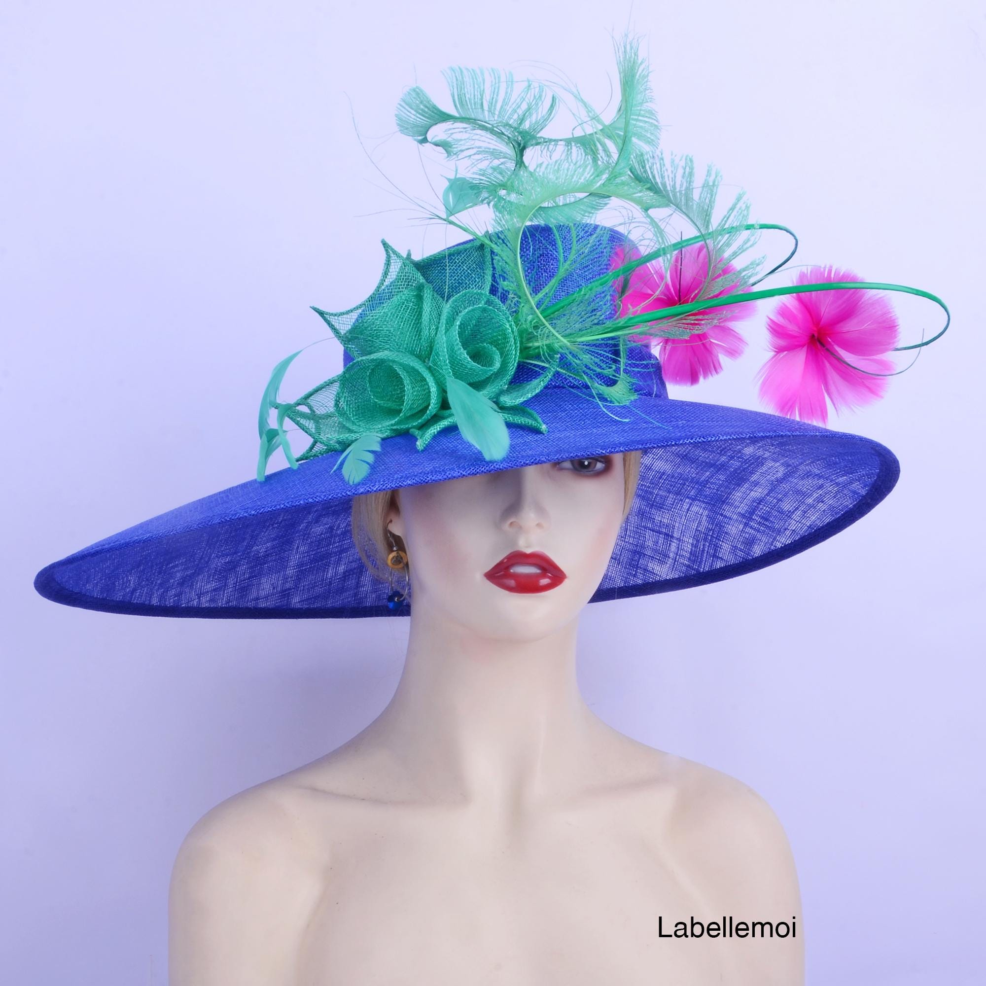 Royal Blue Kentucky Derby Hat, Sinamay, Feathers, Fuchsia Flowers ...