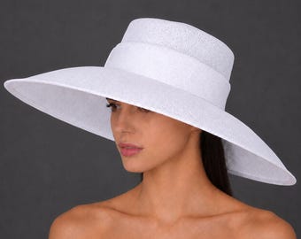 Extra Large White Sinamay Derby Hat, Wedding Church Races Mother of the bride