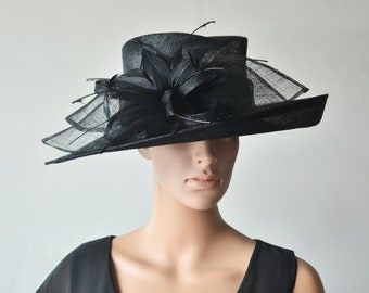 Black hat large dress church sinamay hat fascinator with feather flower,for Kentucky derby,wedding party races church