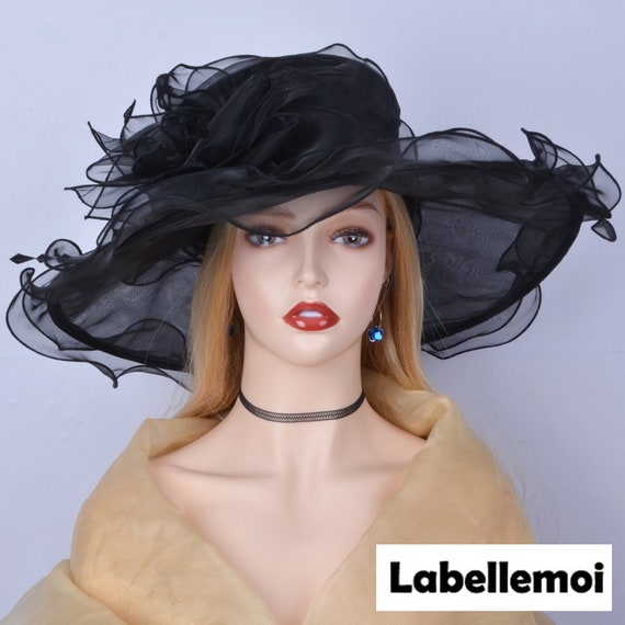 Black Organza Wide Brim Church Dress Hat Floral Detail Like New Women main image 4