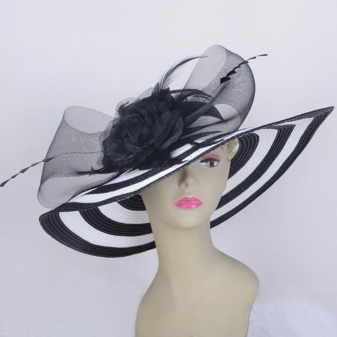 Kentucky Derby Hat Dramatic Elegant Black Wide-Brim Statement Fascinator Feather Royal Blue Black Large Feather Kentucky Derby Fascinator Hat  main image 3