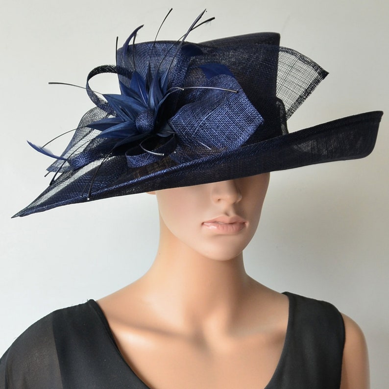 Navy blue Formal hat large dress church sinamay hat fascinator | Etsy