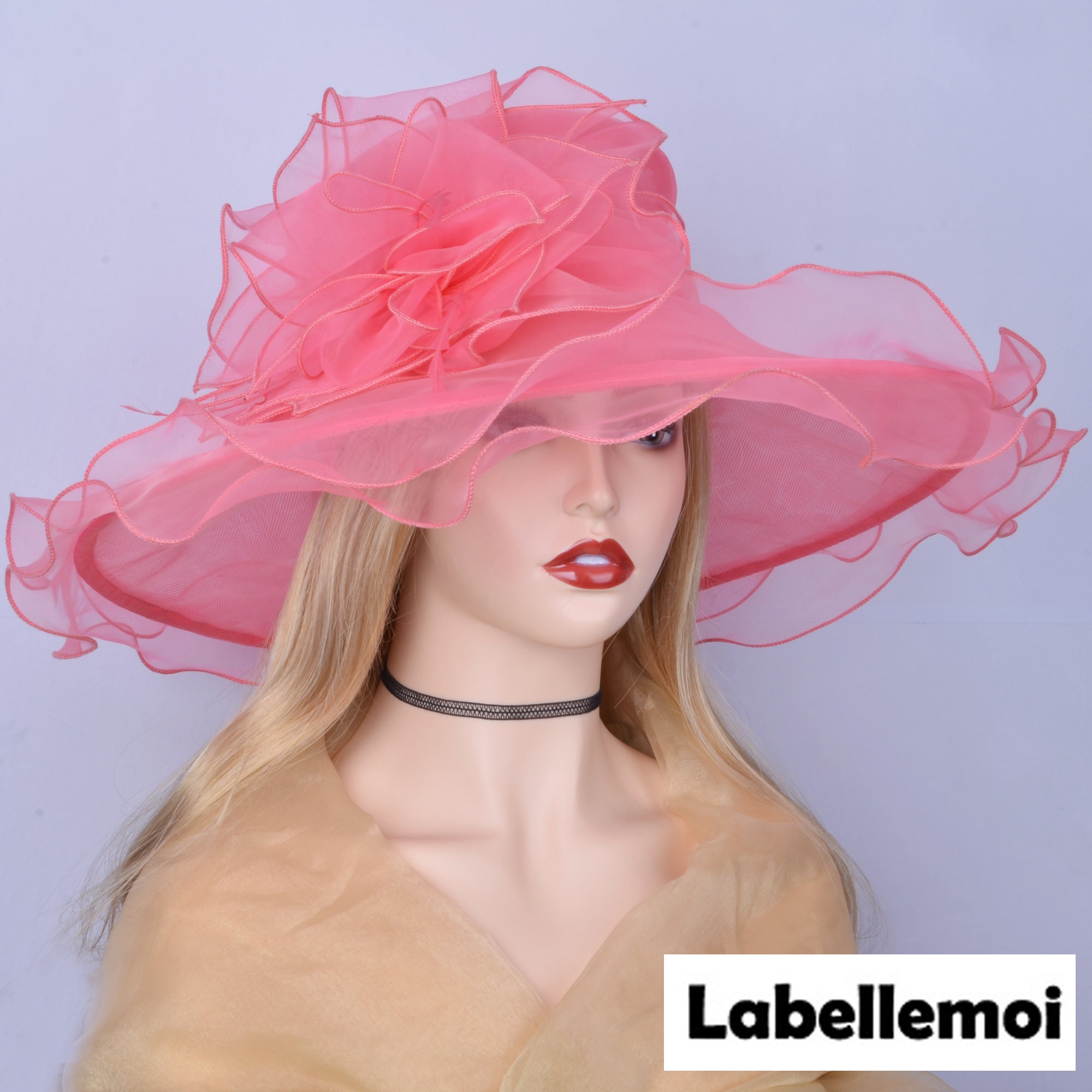 Grace Collection Pink Sheer Organza Wide Brim Feathered Bow Hat Church Formal M22019 ( Hot Pink ) Kentucky Derby hat Church hat Wedding  main image 3