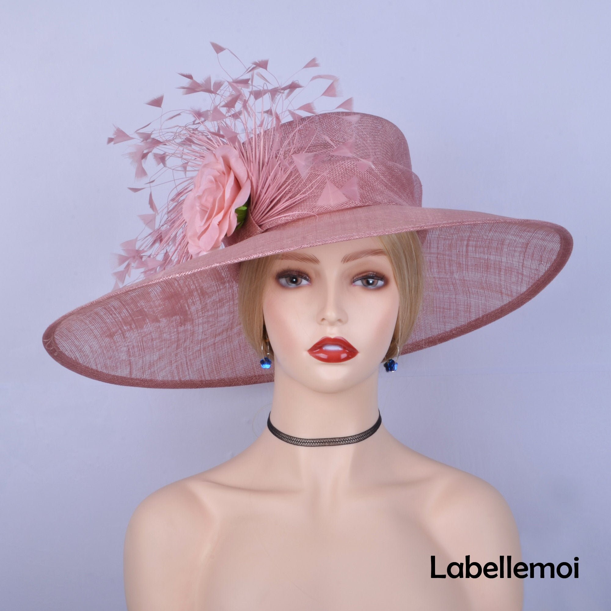 Blush Pink Derby Hat, Large Sinamay Brim, Feather Flower - Etsy