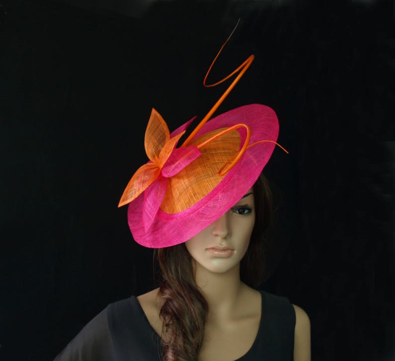 Orange/hot pink fuschia BIG saucer Sinamay Fascinator Hat with Etsy