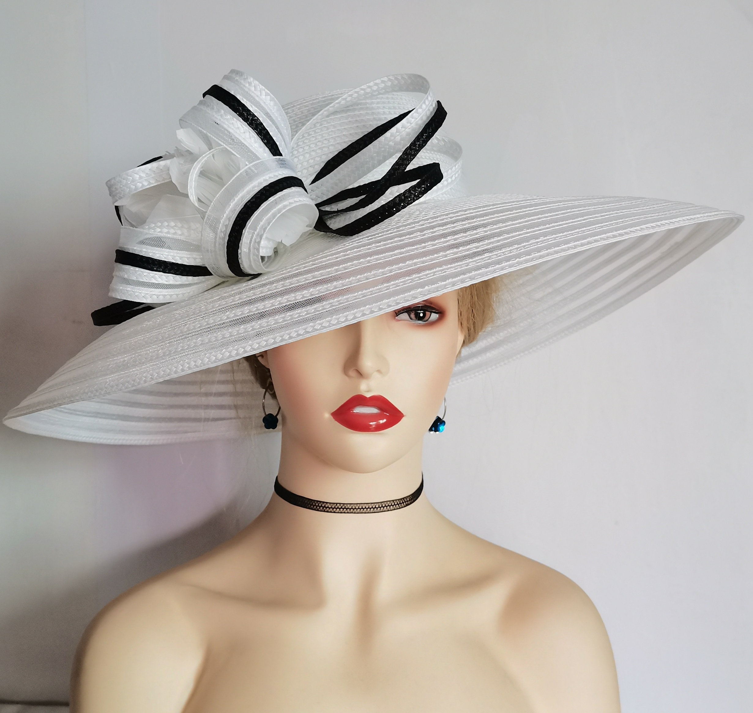 Beloved Millinery Couture Fab Black & White Extra Wide Flower Hat Derby Church Black Wide Brim Derby Church Hat: Rose Flowers, Ostrich  main image 3