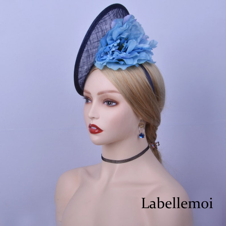 Exclusive design,navy blue sinamay disc fascinator hatinator Derby hat Ascot hat Royal Wedding hat Church hat fedora top hat w silk flower