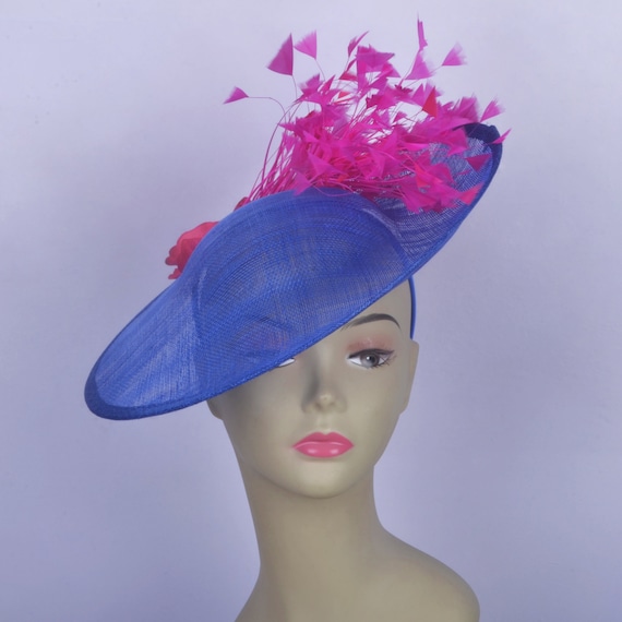 Royal Blue Sinamay Fascinator: Hot Pink Feather Flower  display picture 1