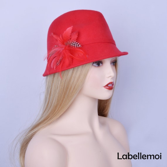 Red Wool Felt Hat, Feather Flower Derby Hat, Wedding Church  display picture 2