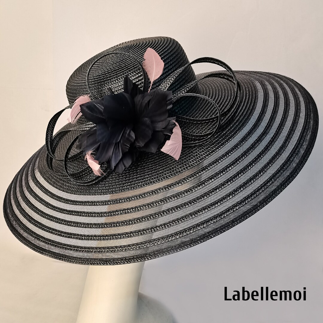 Extra Large Kentucky Derby Hat, Black Pink Feather Flower  display picture 1