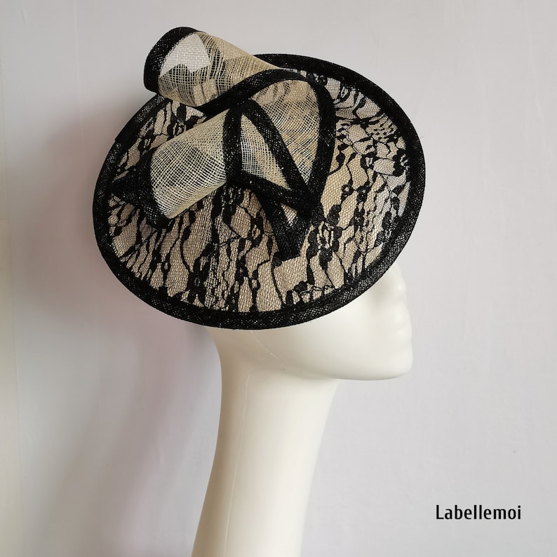 New Black/cream Lace Fascinator Sinamay Saucer Disc Hatinator Etsy