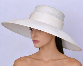 Extra Large Ivory Sinamay Derby Hat, Wedding Church Races Mother of the bride