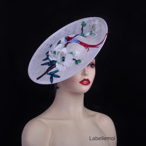 Chinoiserie White/red saucer sinamay hatinator Kentucky Derby hat royal Ascot hat wedding fascinator w/flower&bird embroidery