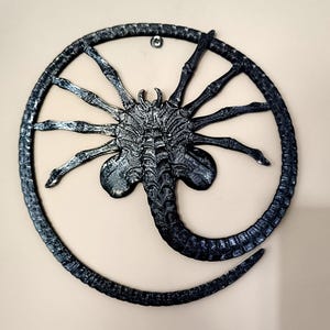 Puede incluir: Un adorno de pared circular que presenta una criatura negra texturizada de múltiples patas con una cola segmentada que se curva alrededor del borde exterior. La criatura tiene un cuerpo central con ocho patas delgadas y un orificio de montaje.