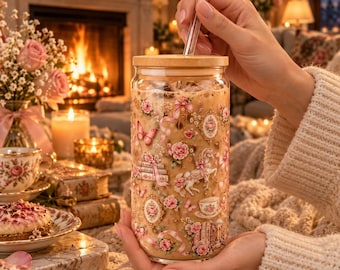 Bicchiere vintage rococò da 473 ml | Fiori rosa e giostra | Tazza da caffè freddo con cannuccia