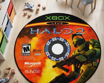 Halo 2 Game Disc Round Rug, Gamer Room Decor, Master Chief Art (Custom Printed)
