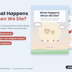 Puede incluir: Un libro ilustrado digital titulado What Happens When We Die? con un paisaje en tonos pastel, un sol grande, dos corazones y nubes. La portada incluye el subtítulo A simple, honest picture book about what it means when someone dies.