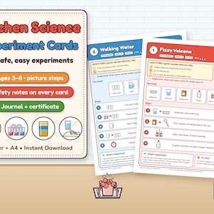 May include: Kitchen Science Experiment Cards set featuring 28 safe, easy experiments for ages 3-8. Includes picture steps, safety notes, a journal, and a certificate. The cards show instructions for activities like Walking Water and Fizzy Volcano.