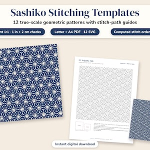 May include: Sashiko Stitching Templates with 12 true-scale geometric patterns and stitch-path guides. Includes a dark blue square with white star-like patterns, a white instruction sheet titled 02 Seigaiha Tide, and a small blue wave-patterned square.