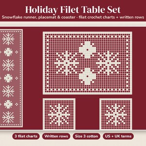Patrón de ganchillo filet navideño, camino de mesa, mantel individual y posavasos con diseño de copos de nieve, diagrama de ganchillo con hilo navideño y filas escritas, descarga en PDF
