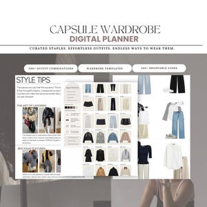 May include: A digital capsule wardrobe planner featuring the text CAPSULE WARDROBE DIGITAL PLANNER. The layout includes sections for style tips, outfit combinations, wardrobe templates, and shoppable links, displaying various clothing items and outfits.