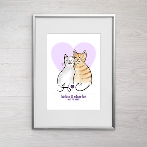 Couple of Love Cats, Customizable Wedding Present, Anniversary Gift, Cat Art, Valentine&#39;s Day, Made to Order Heart Print, Cat Lover Wall Art
