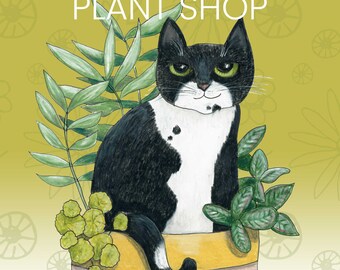 Tuxedo Cat Sitting in House Plant Customizable Art Print - cute cat wall art, cat lover gift, house plant art, sassy saying wall art
