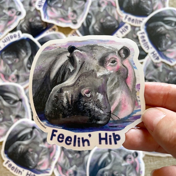 Feelin' Hip Hippo Sticker - funny hippo sticker,  positive message vinyl hippo sticker,  hippopotamus art sticker, water bottle sticker