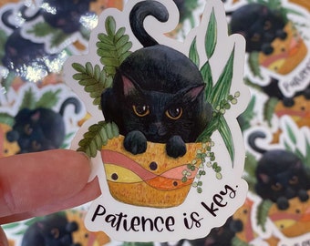 Patience is Key Cat Vinyl Sticker - funny cat sticker, car sticker, black cat sticker, cat in plant sticker, plant sticker, cat lover gift