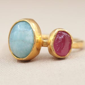 Aquamarine Ruby Ring 22K Gold Plated 925 Sterling Silver Birthstone Ring