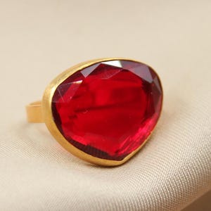Lab Created Ruby Ring, 22K Gold Plated 925 Sterling Silver, Custom Cut Statement Ring