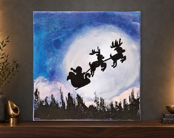 Dipinto natalizio – Babbo Natale e renne davanti a una luna splendente, senza cornice