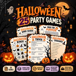 Può includere: Una collezione di 25 giochi per feste di Halloween con schede stampate per ricerca parole, passa la zucca, bingo, trivia e sciarada. Le schede mostrano grafiche arancioni e nere di fantasmi, zucche, pipistrelli e case infestate.