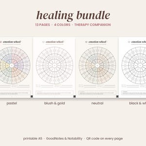 May include: A healing bundle of 13 pages featuring four emotion wheel designs in pastel, blush and gold, neutral, and black and white color schemes. Each page includes an emotion wheel chart, lines for notes, and a QR code for digital use.